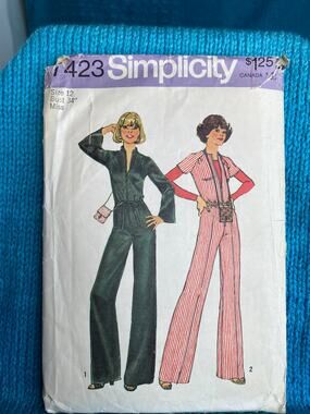 Simplicity 7423 Sewing pattern jumpsuit wide leg ribbon bag 1970s size 12